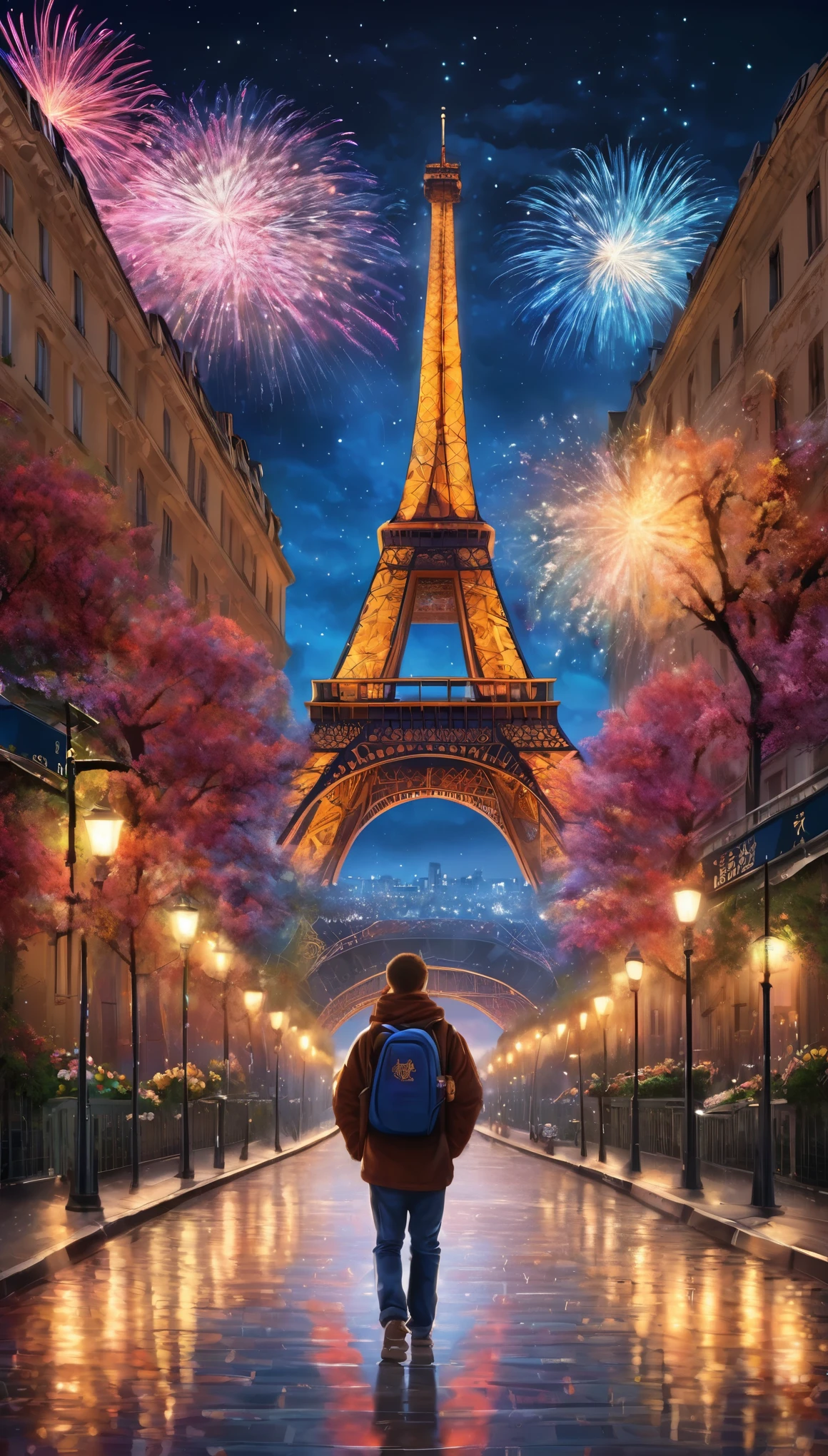 ((2024 Logo, Firework Symbolism surround the word 2024)). (masterpiece), (best quality), (Extremely detailed), Art, Surrealism, impressionism, Dreamy atmosphere, impressionism风格, An iconic landmark of paris emerges as a whimsical dreamscape. A colorful firework on the Sky, can see the eiffel tower at the end of the road, ((Multiple boys, Sky, cloud, 2 boys, Bag, From the back, star (Symbolism), star (Sky), new year ,2024, template, Background overlooking the city&#39;s architecture and vibrant culture)) The Turn of Surrealism. Fireworks at night. paris, eiffel tower, Vincent van Gogh《starry night》The cosmic colors and celestial precision of Salvador Dali’s Surrealism, Echoing Turner&#39;s atmosphere, blurring the line between reality and fantasy and fireworks in Sky. Happy 2024 年new year, 2024 年new year, permanent, Male focus, outdoor.