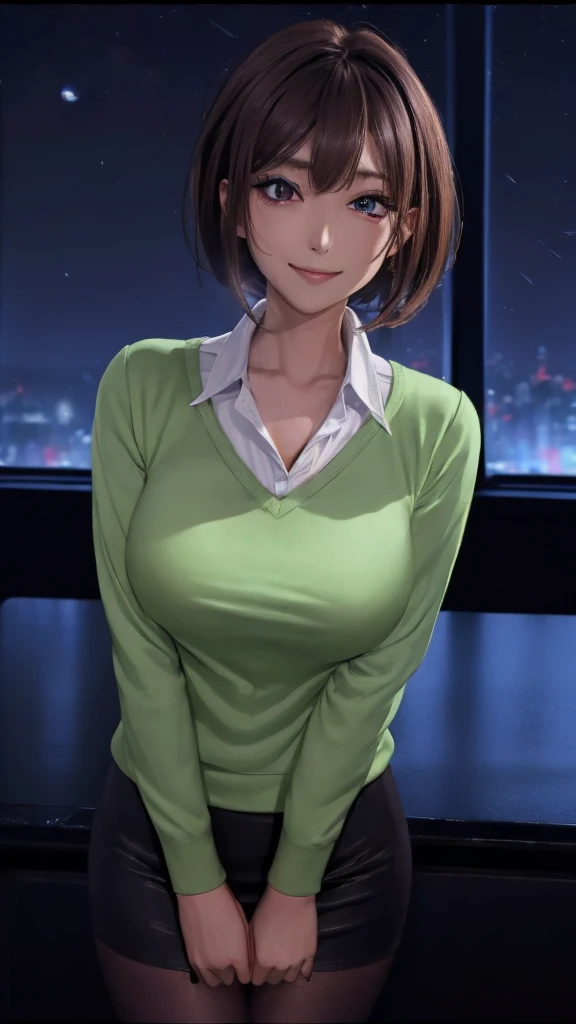 REALtic, masterpiece, highest quality, アニメ, highly detailed face, highly detailed eyes, highly detailed background, perfect lighting, whole body, 1 girl, alone, Harusaki Nodoka, collared shirt, Green sweater, black skirt, pantyhose, photo ID card, embarrassing, sexy smile, Are standing, office 、((night:1.8, Dark Room:1.5))