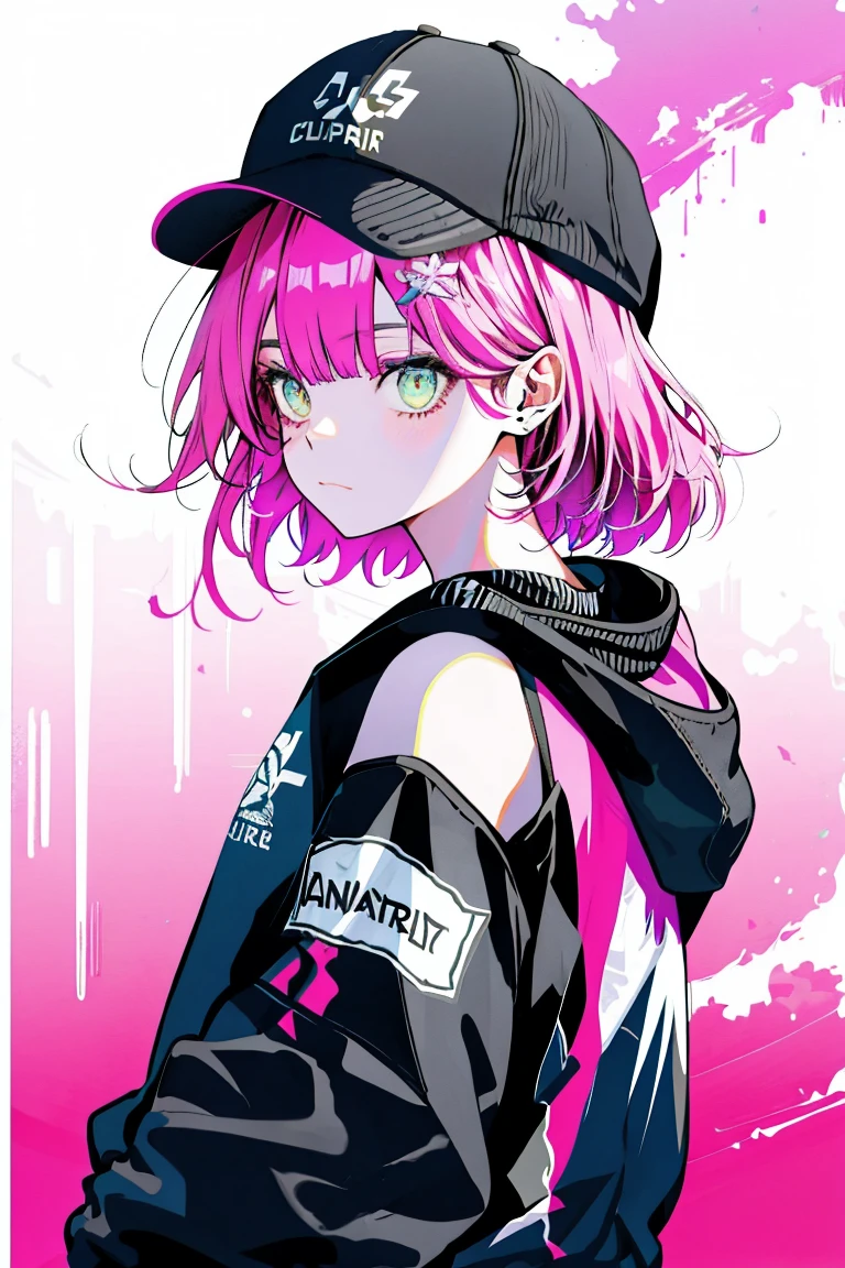 One Girl,Back Shadow Splatter,paint splatter sweatshirt,off shoulder clothing,Baseball cap,Alchemy Research Institute,Mysteries of the Uncharted Territories,Put your hands in your pockets,Pink Hair,iris,game scene graph, Rain street background