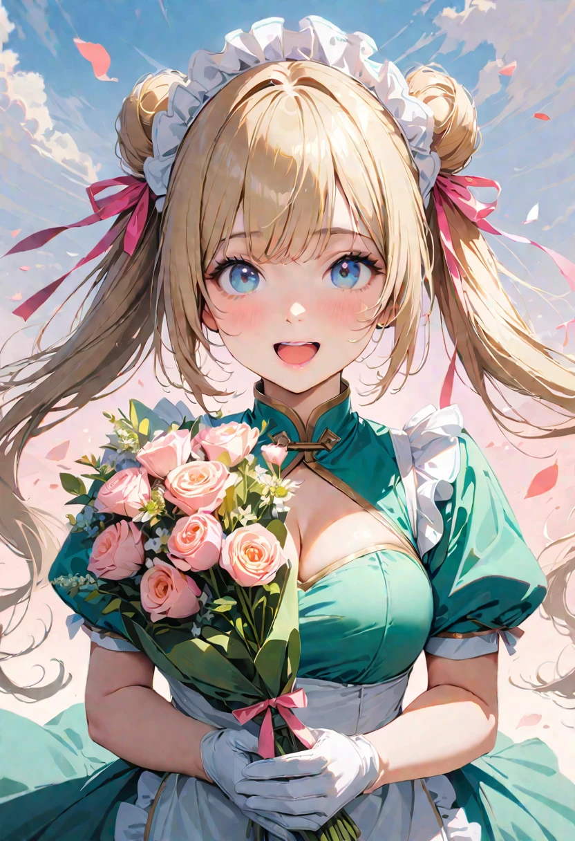 30 years old,1 mature woman,hyperrealistic, 8k, (extremely detailed 8k), (very delicate and beautiful), (masterpiece), (better quality:1.0), (ultra high resolution:1.0), (masterpiece, best quality), cute,blonde,cleavage cutout,(broen dress:1.3),gleaming skin,twintails,twin bun,a pink ribbon on the head,long hair,pastel green chinese maid dress,pastel green chinese dress,white long gloves,hold a bouquet of flowers,face and body straight at the camera,a bunch of flowers,POV,bust shot,white frill,puffy sleeves,laugh with open mouth,tareme,sky blue eyes,short truffle half apron,a gold buckle around someones neck,white corset,pink background,