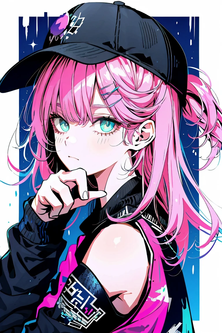 One Girl,Back Shadow Splatter,paint splatter sweatshirt,off shoulder clothing,Baseball cap,Alchemy Research Institute,Mysteries of the Uncharted Territories,Put your hands in your pockets,Pink Hair,Long Hair、iris,game scene graph, Rain street background