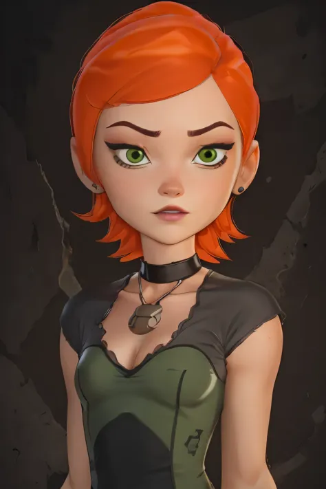 Gwen Tennyson. ginger,  green eyes, black eye make up, black lipstick, cleavage. choker. shirt. bow. a photo of a face in the vi...