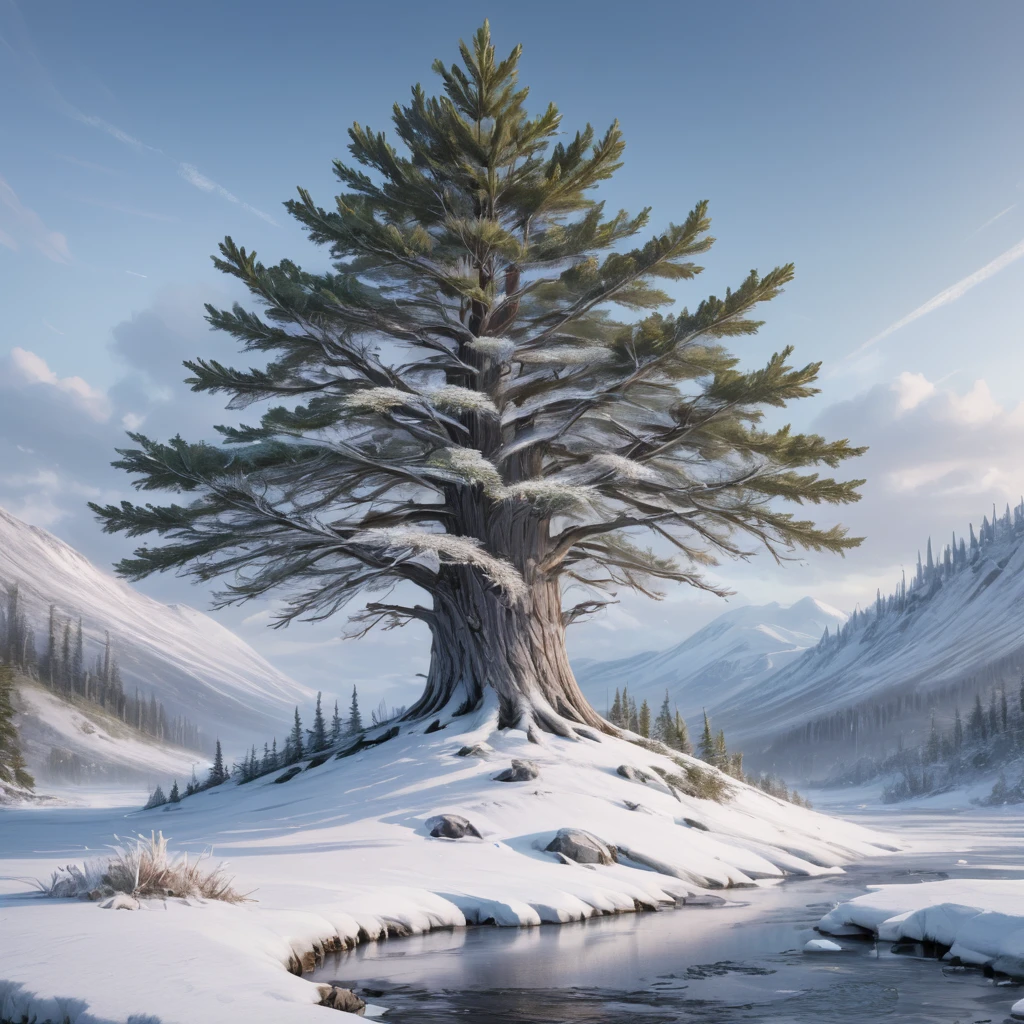 北極圏のツンドラ地帯に生える雄大なトウヒの木のイメージを描きます. シーンは広大な, 冷たい風に雪が舞う雪景色. 高くて細いトウヒの木々, 彼らの枝は雪で重い, 濃い緑の針葉との美しいコントラスト. 木の樹皮は灰白色で、まるで凍った銀のように見える。, そして彼らの長さ, 鋭い針葉が霜で光る. 繊維質を強調する, 真珠のような光沢のある内樹皮, そして光, ほとんど白い木材で、外側はわずかに銀色です。. 全体的な雰囲気は厳しい, 息を呑むほど美しい北極の大自然