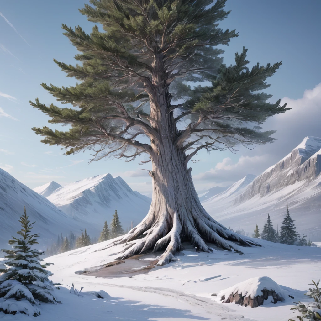 Create an image of the majestic White Spruce tree in the Arctic tundra. The scene should depict a vast, snowy landscape with snowflakes swirling in the icy wind. The White Spruce trees stand tall and slender, their branches heavy with snow, contrasting beautifully with the dark green needles. The trees have gray-white bark that appears almost like frozen silver, and their long, sharp needles glisten with frost. Highlight the fibrous, glossy inner bark that has a pearlescent quality, and the light, almost white wood with a subtle silvery outer layer. The overall atmosphere should capture the harsh, yet breathtaking beauty of the Arctic wilderness