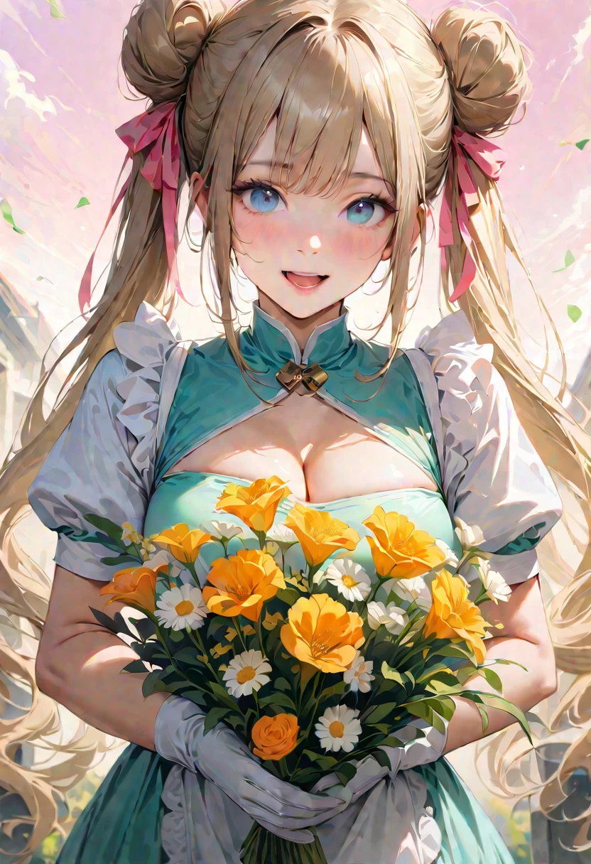 30 years old,1 mature woman,hyperrealistic, 8k, (extremely detailed 8k), (very delicate and beautiful), (masterpiece), (better quality:1.0), (ultra high resolution:1.0), (masterpiece, best quality), cute,blonde,cleavage cutout,(broen dress:1.3),gleaming skin,twintails,twin bun,a pink ribbon on the head,long hair,pastel green chinese maid dress,pastel green chinese dress,white long gloves,hold a bouquet of flowers,face and body straight at the camera,a bunch of flowers,POV,bust shot,white frill,puffy sleeves,laugh with open mouth,tareme,sky blue eyes,short truffle half apron,a gold buckle around someones neck,white corset,pink background,