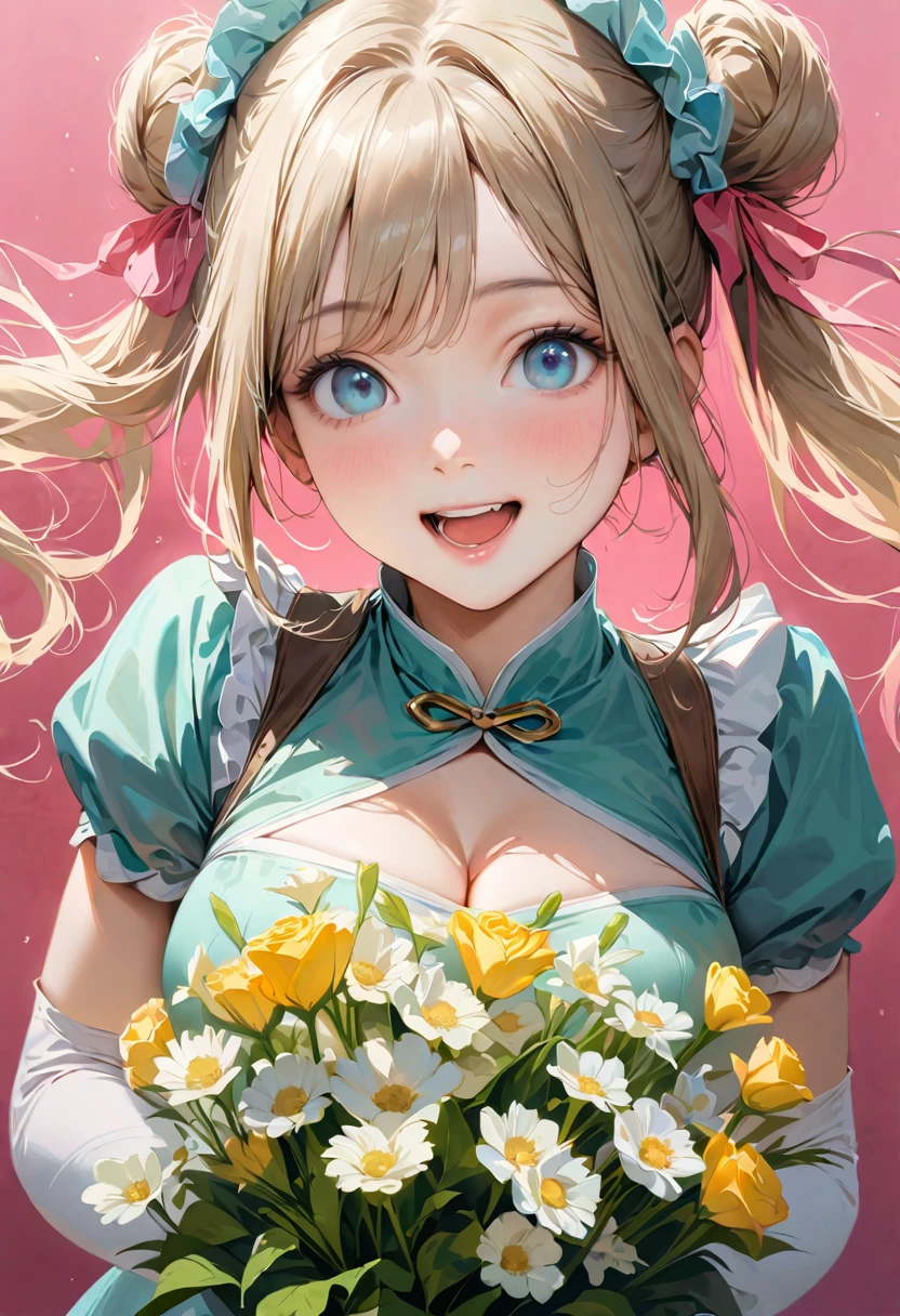 30 years old,1 mature woman,hyperrealistic, 8k, (extremely detailed 8k), (very delicate and beautiful), (masterpiece), (better quality:1.0), (ultra high resolution:1.0), (masterpiece, best quality), cute,blonde,cleavage cutout,(broen dress:1.3),gleaming skin,twintails,twin bun,a pink ribbon on the head,long hair,pastel green chinese maid dress,pastel green chinese dress,white long gloves,hold a bouquet of flowers,face and body straight at the camera,a bunch of flowers,POV,bust shot,white frill,puffy sleeves,laugh with open mouth,tareme,sky blue eyes,short truffle half apron,a gold buckle around someones neck,white corset,pink background,