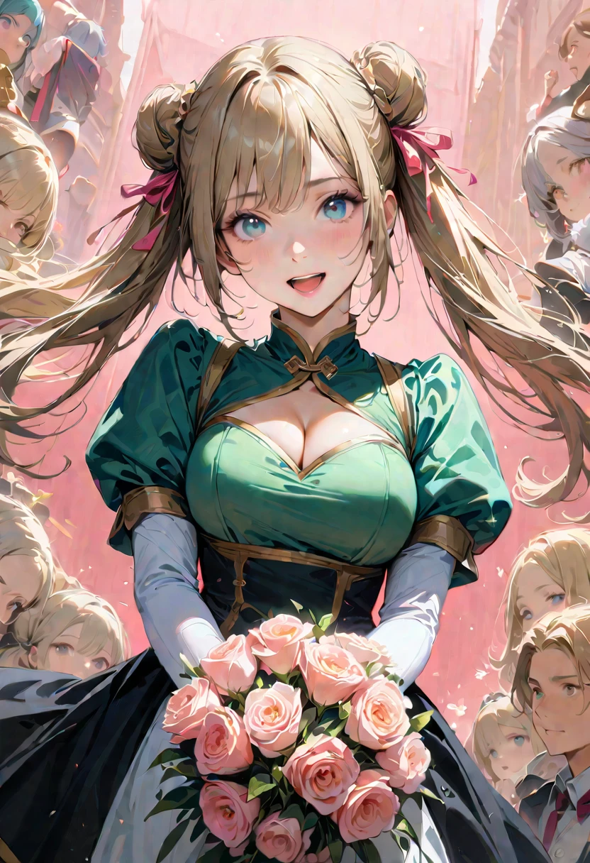 30 years old,1 mature woman,hyperrealistic, 8k, (extremely detailed 8k), (very delicate and beautiful), (masterpiece), (better quality:1.0), (ultra high resolution:1.0), (masterpiece, best quality), cute,blonde,cleavage cutout,(broen dress:1.3),gleaming skin,twintails,twin bun,a pink ribbon on the head,long hair,pastel green chinese maid dress,pastel green chinese dress,white long gloves,hold a bouquet of flowers,face and body straight at the camera,a bunch of flowers,POV,bust shot,white frill,puffy sleeves,laugh with open mouth,tareme,sky blue eyes,short truffle half apron,a gold buckle around someones neck,white corset,pink background,