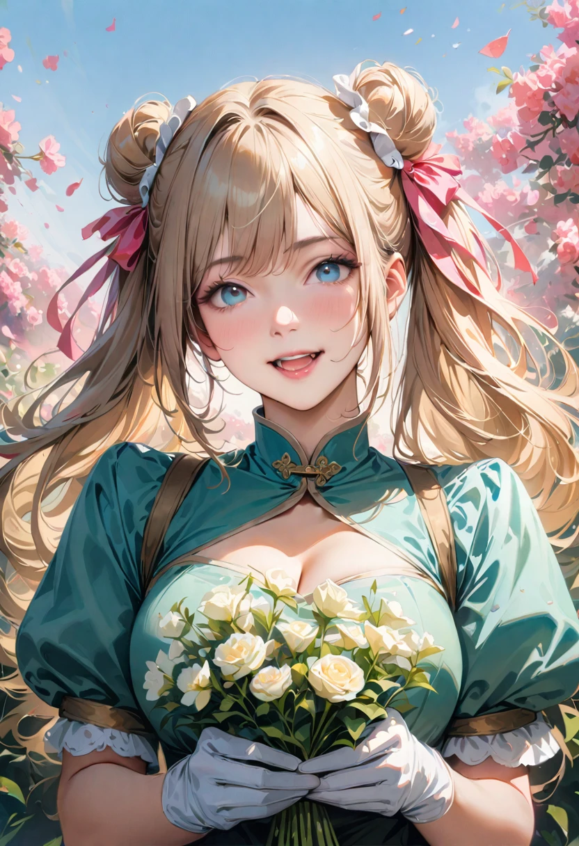 30 years old,1 mature woman,hyperrealistic, 8k, (extremely detailed 8k), (very delicate and beautiful), (masterpiece), (better quality:1.0), (ultra high resolution:1.0), (masterpiece, best quality), cute,blonde,cleavage cutout,(broen dress:1.3),gleaming skin,twintails,twin bun,a pink ribbon on the head,long hair,pastel green chinese maid dress,pastel green chinese dress,white long gloves,hold a bouquet of flowers,face and body straight at the camera,a bunch of flowers,POV,bust shot,white frill,puffy sleeves,laugh with open mouth,tareme,sky blue eyes,short truffle half apron,a gold buckle around someones neck,white corset,pink background,