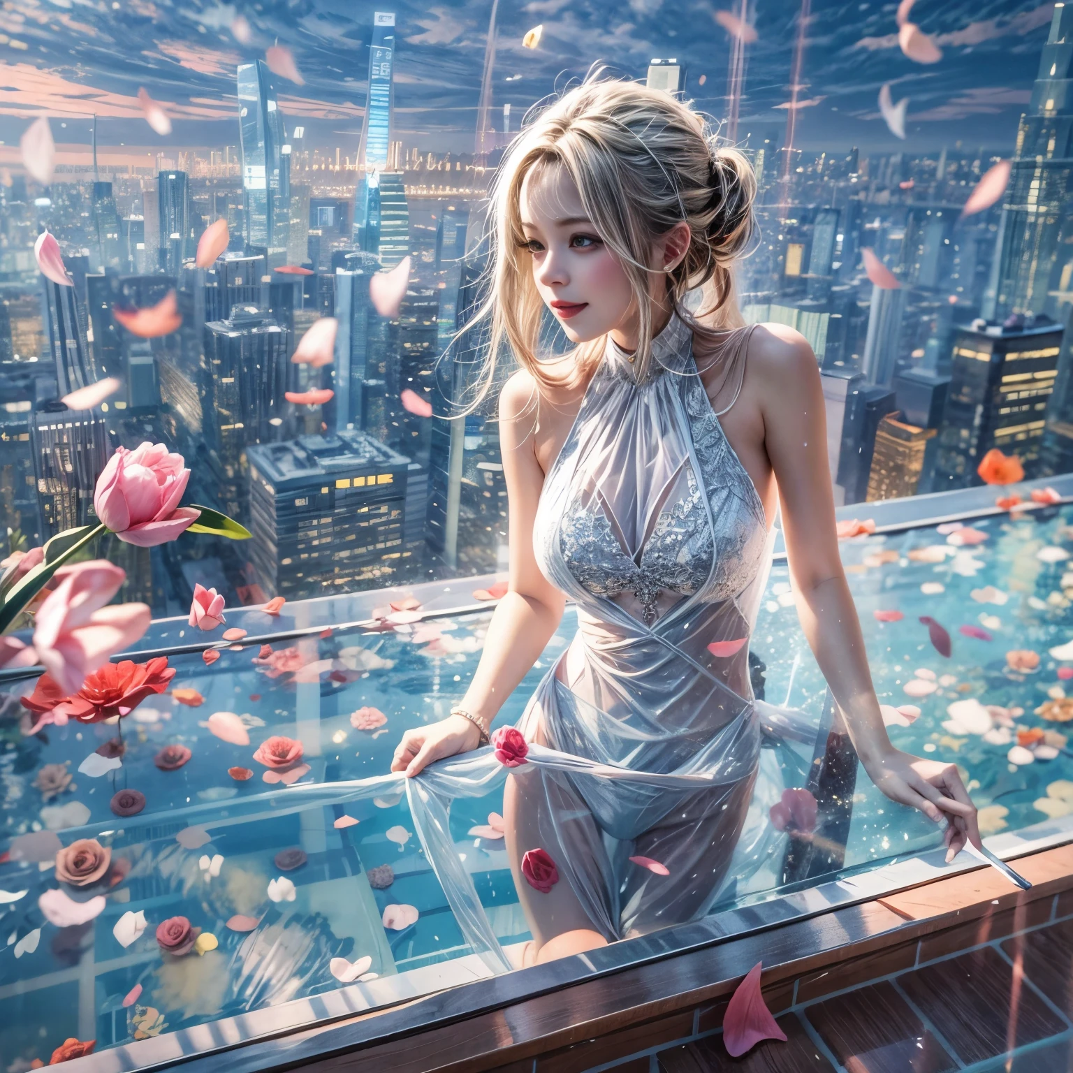 BloodRed, White in Pearly RainbowColors,ExtremelyDetailed(ProfessionalPhoto of Girl Floating in the Sky:1.37)ZoomLayer{Stunning|Mystic|GodRays|Haze}, 57th floor infinity pool in the urban forest. (Masterpiece 8K TopQuality:1.2)(ExtremelyDetailed NOGIZAKA face:1.37) ElaboratePupil with (SparklingHighlights:1.28) DoubleEyelids with Voluminous LongEyelashes PUNIPUNI RosyCheeks (Joyful Expressions LifeLike Rendering) MotionBlur  BREAK  (Acutance:0.77) PUNIPUNI Radiant Impeccable PearlSkin with Transparency White(Skinny SchoolSwimwear) {(HiddenHand)|((Corrected BabyLike Hand))} Whole Body Proportions and all limbs are Anatomically Accurate, {Carnation|Tulips|(Rose)} [FlowerWreath WrappedBody Full of Flowers Covering girl's body] {((Dazzling RainbowColorHorizon))|ColorfulSky|ColoredClouds|(Starly Particles)}(extra limbs:-1.4)(Not Detailed Face:-1.37)(Not Detailed Hand:-1.28), Drawing infinity pool reference to the rooftop of Marina Bay Sands