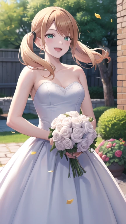 masterpiece, best quality, highres, 1girl, solo, blonde hair, low twintails, green eyes, wedding dress, strapless, smile, open mouth, holding bouquet, standing, cowboy shot, garden, confetti,