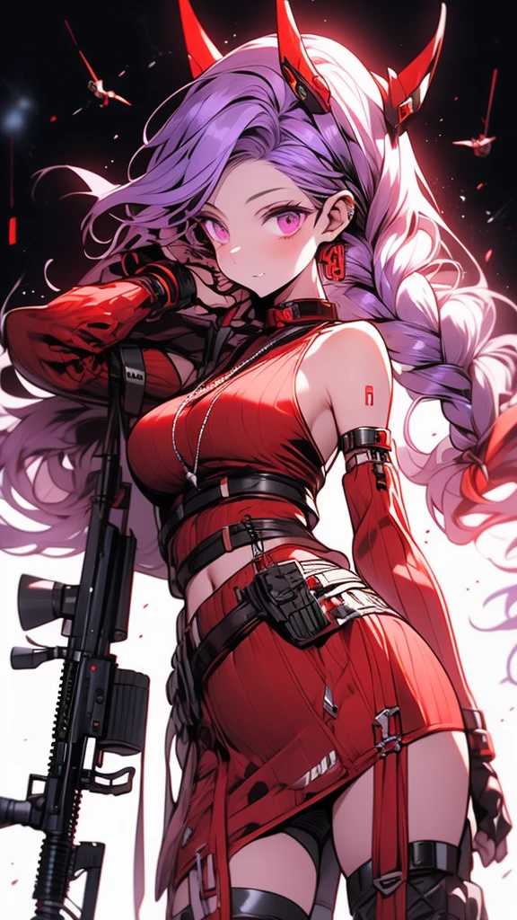 woman, long braided hair, vermilion hair, perfect body, futuristic monocle, metallic robot arms, red-purple eyes, military top, big breasts, beautiful thick thighs, wide hips, honey waist, purple red and black clothing , military boots, many belts, futuristic rifle, has war scars, posing with a rifle, full body focus, high definition details, dynamic lighting, RTX, military base background.