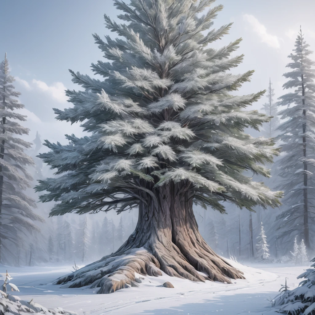 Create an image of the majestic White Spruce tree in the Arctic tundra. The scene should depict a vast, snowy landscape with snowflakes swirling in the icy wind. The White Spruce trees stand tall and slender, their branches heavy with snow, contrasting beautifully with the dark green needles. The trees have gray-white bark that appears almost like frozen silver, and their long, sharp needles glisten with frost. Highlight the fibrous, glossy inner bark that has a pearlescent quality, and the light, almost white wood with a subtle silvery outer layer. The overall atmosphere should capture the harsh, yet breathtaking beauty of the Arctic wilderness