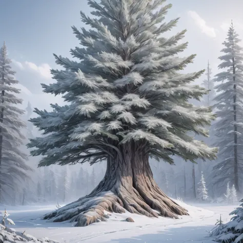 Create an image of the majestic White Spruce tree in the Arctic tundra. The scene should depict a vast, snowy landscape with sno...