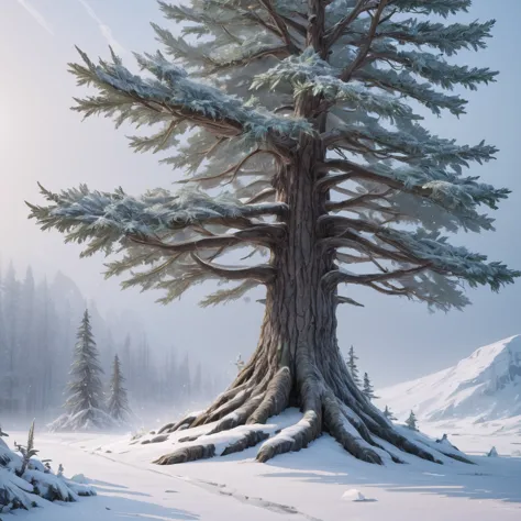 Create an image of the majestic White Spruce tree in the Arctic tundra. The scene should depict a vast, snowy landscape with sno...