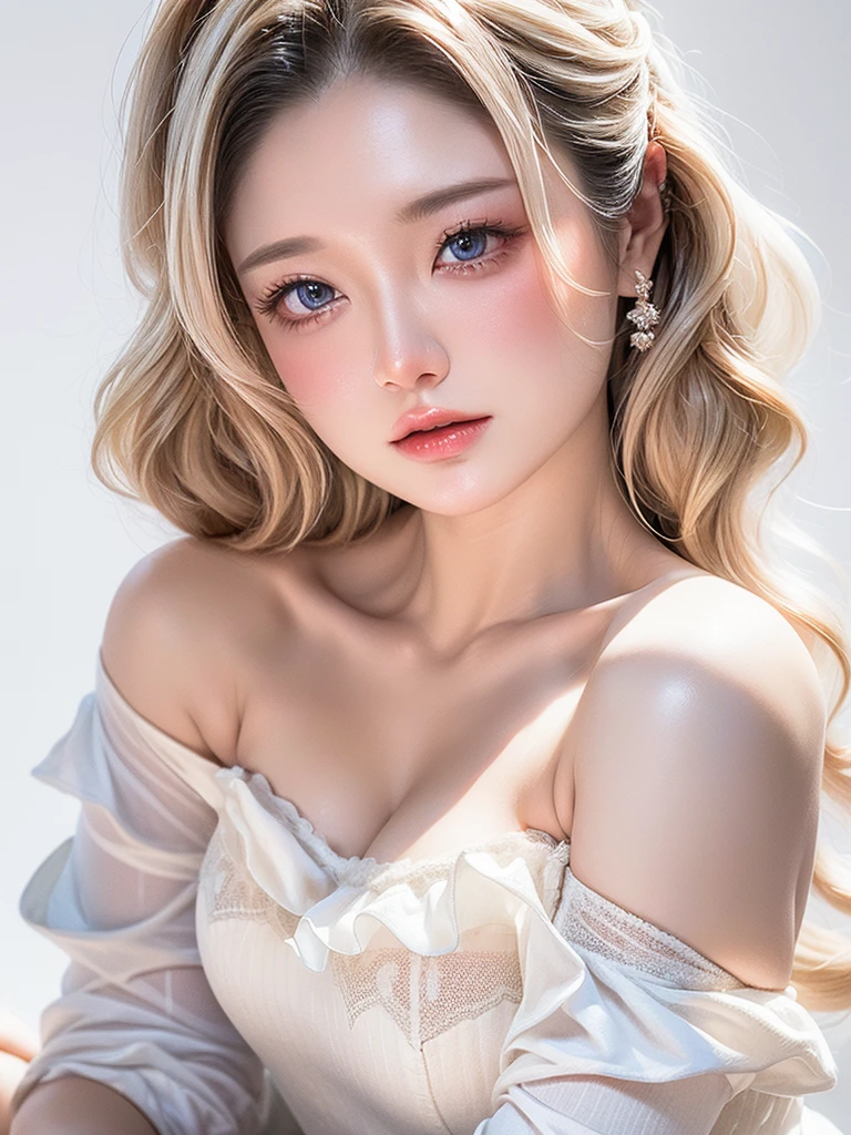 (((White Background 2.0)))、((High key portrait 1.3))、Professional Lighting、(((Professional Lighting 1.5)))、(Translucent skin texture))、Beautiful Skin、Fair skin、(((Whitening 1.5)))、((White off-shoulder dress 1.5))、(((High leg underwear 1.5)))、Slim body type、(((ファッションMagazine Cover 1.5)))、(((Magazine Cover 1.5)))、Blonde、Wedding dress