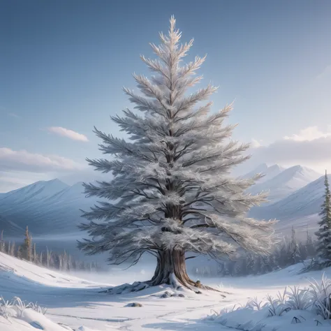 Create an image of the majestic White Spruce tree in the Arctic tundra. The scene should depict a vast, snowy landscape with sno...
