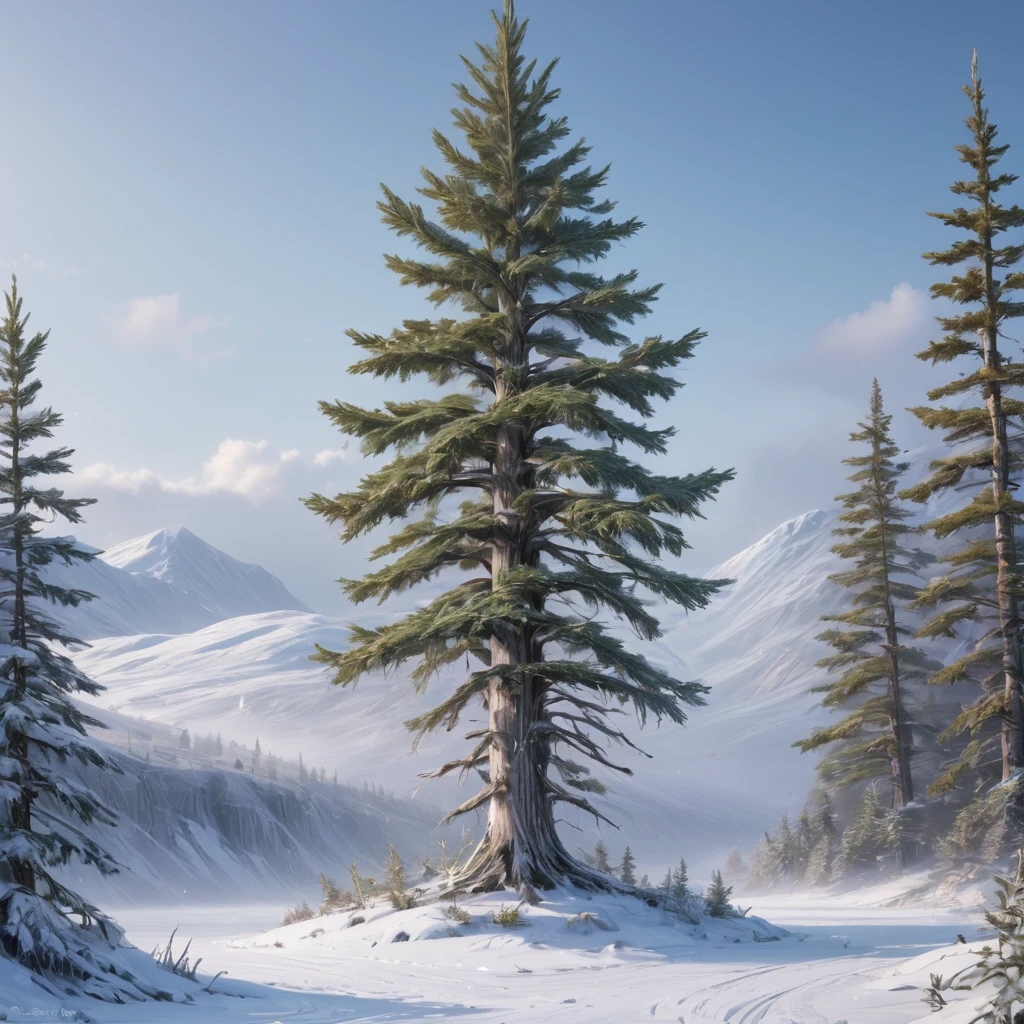 Create an image of the majestic White Spruce tree in the Arctic tundra. The scene should depict a vast, snowy landscape with snowflakes swirling in the icy wind. The White Spruce trees stand tall and slender, their branches heavy with snow, contrasting beautifully with the dark green needles. The trees have gray-white bark that appears almost like frozen silver, and their long, sharp needles glisten with frost. Highlight the fibrous, glossy inner bark that has a pearlescent quality, and the light, almost white wood with a subtle silvery outer layer. The overall atmosphere should capture the harsh, yet breathtaking beauty of the Arctic wilderness