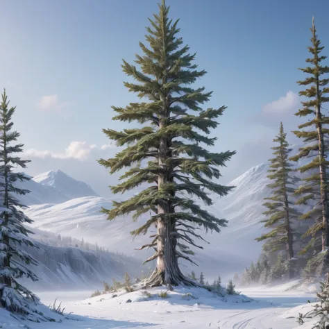 Create an image of the majestic White Spruce tree in the Arctic tundra. The scene should depict a vast, snowy landscape with sno...