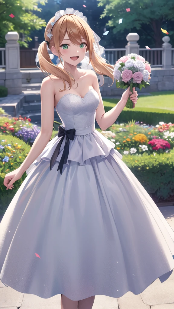 masterpiece, best quality, highres, 1girl, solo, blonde hair, low twintails, green eyes, wedding dress, strapless, smile, open mouth, holding bouquet, standing, cowboy shot, garden, confetti,