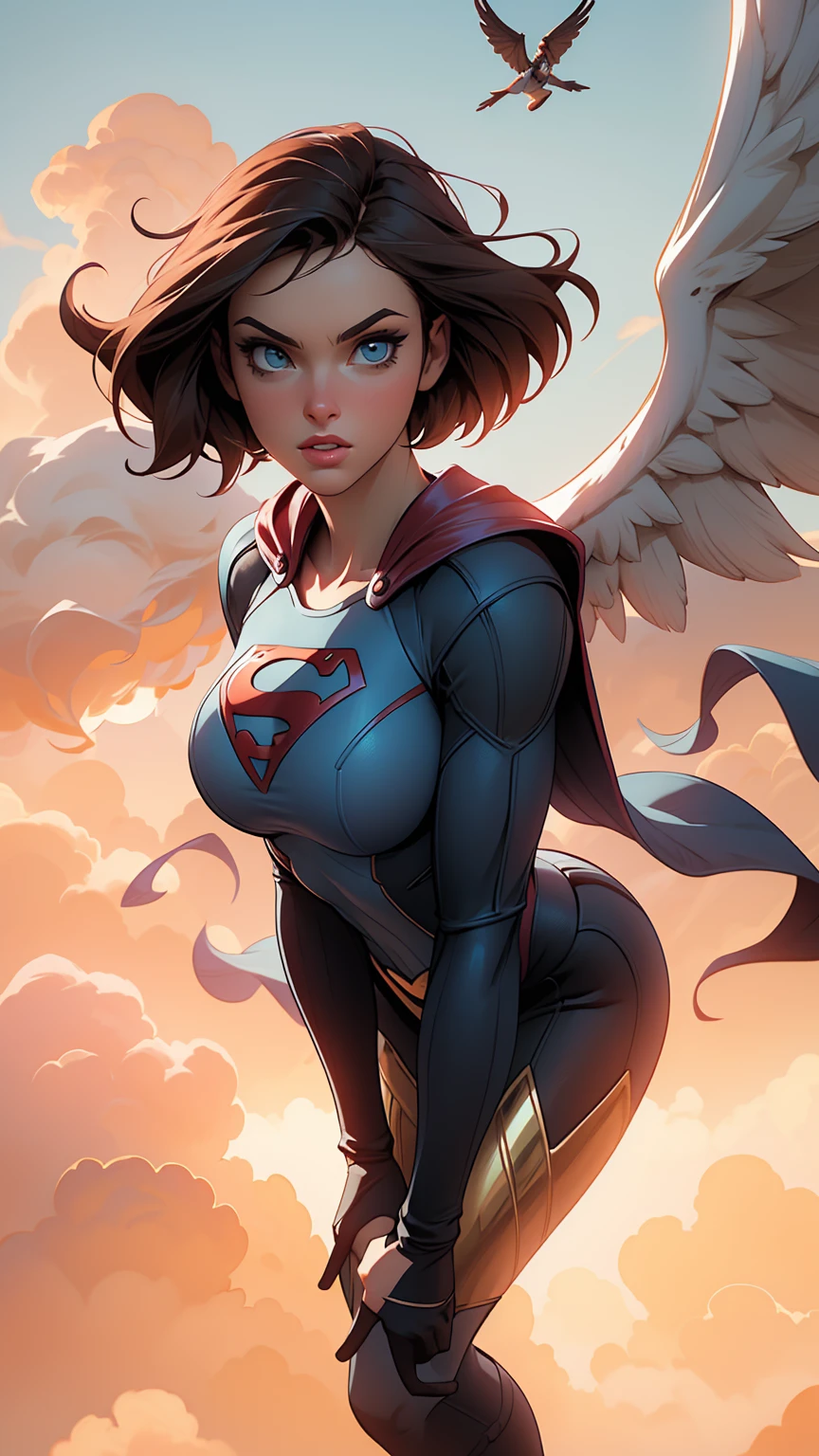 ((傑作)) 最高品質, 超精細なCG Unity 8K壁紙を披露, presents a majestic and powerful supergirl soaring through the clouds. 彼女の大胆で自信に満ちた態度は、飛んでいるときにはっきりとわかる。, 彼女の羽が力強く羽ばたくたびに、彼女のマントが後ろでひらひらと揺れる. ドラマチックな照明が温かみのある, 彼女の強力なオーラに金色の色合い, 彼女の緋色のスーパースーツと象徴的な "s" 彼女の胸の紋章が目立つ. このシーンは、息を呑むような街並みと壮大な雲の景色を背景にしています。, 煙と瓦礫が渦巻く. ボリュームライトが深みとリアリティをプラス
