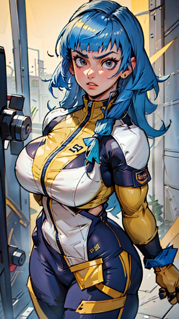 High detailed, 1 girl, kulams, huge hairstyle, parted bangs, electric-indigo colored hair, muscular, bodybuilder, yellow kula's clothes, kula's gloves, medium bust, strong body