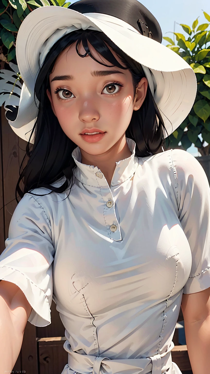 (best quality, masterpiece, perfect face) black hair, 18 years old pale girl, big bust, white sundress, big white hat
