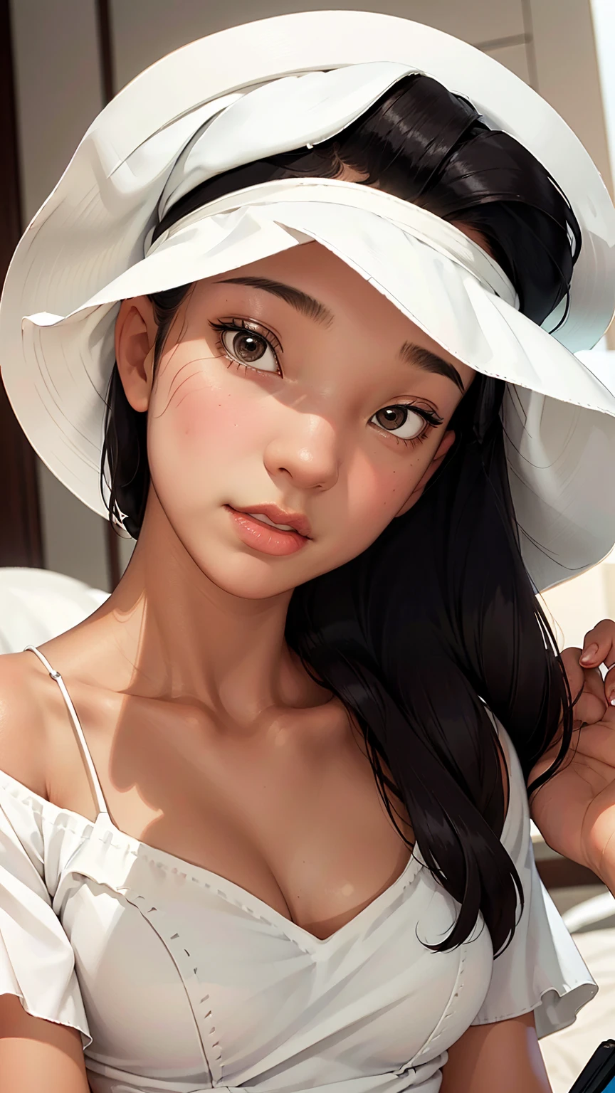 (best quality, masterpiece, perfect face) black hair, 18 years old pale girl, big bust, white sundress, big white hat
