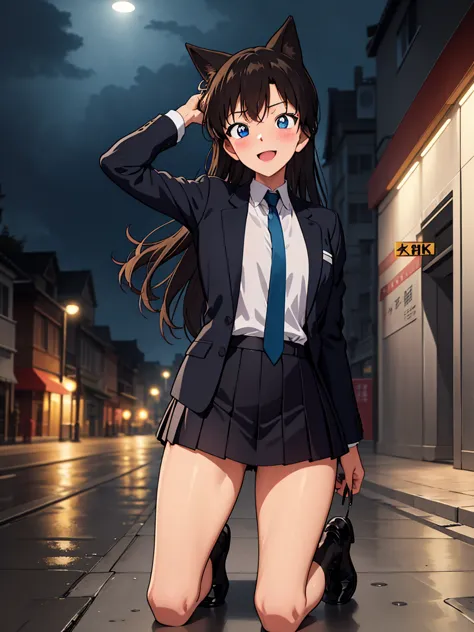 ran mori, (black hair, long hair, wavy hair), bangs, blue eyes, one girl, tie, , green tie, white shirt, black jacket, collared ...