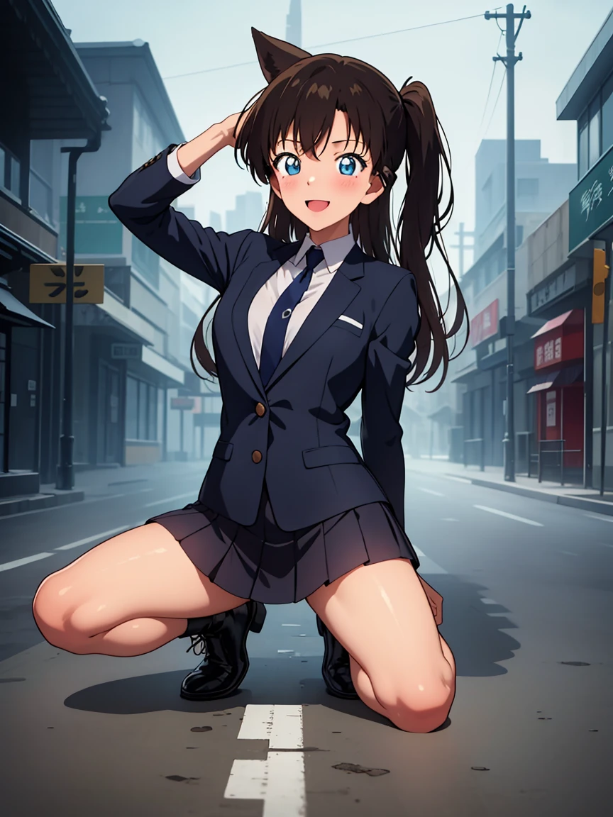 Ran Mori, (Black Hair, Long Hair, Wavy Hair), bangs, blue eyes, One girl, tie, , green tie, white shirt, Black jacket, collared shirt, shirt, blazer, Long sleeve, black  mini skirt, pleated skirt, skirt, Medium breasts BREAK Full body view, Full Body Shot, Kneel, Raise your arms behind your head, Open your legs and smile, Brush Break Masterpiece, Highest quality, High resolution, 8K, Official Art, Super Resolution, 非常にDetailed and beautiful, 非常にDetailed, wonderful、Detailed, 非常にDetailed美しい女の子, 非常にDetailed顔, 非常にDetailed目, 非常にDetailed肌, 非常にDetailed指, 非常にDetailed鼻, 非常にDetailed口, Perfect Anatomy Break Night, Outdoor, Neon Street, Elm Street, rain, Midnight, Late at night, darkness, 非常にDetailed CG unity 16k, Very beautiful 16K CG wallpaper