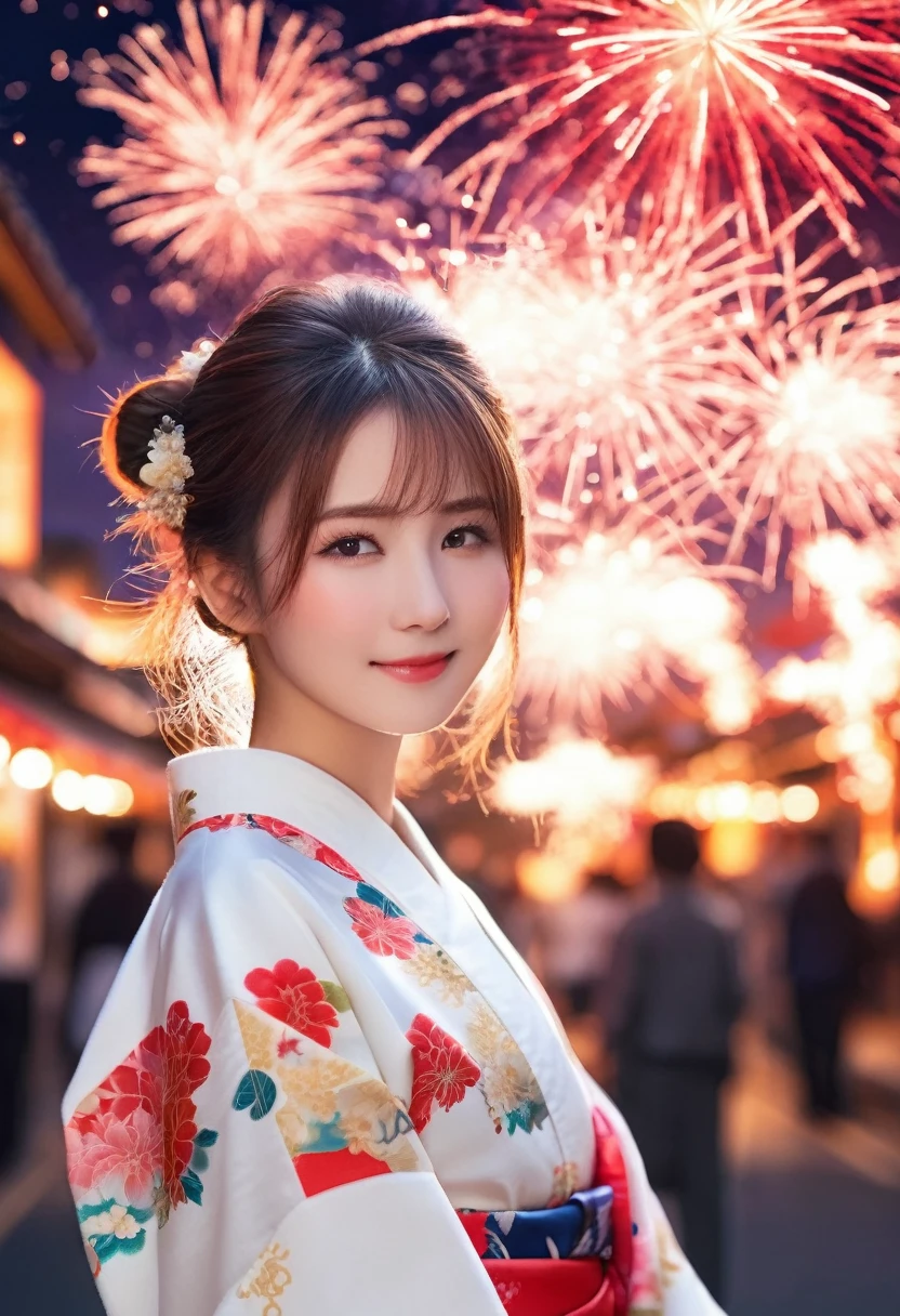 ((Highest quality, 8K, masterpiece: 1.3)),RAW Photos,Realistic atmosphere,Lens flare, Ray Tracing,(Detailed beautiful white skin:1.3),Beautiful Japanese, High-resolution face,shiny light brown hair,Bun Hair,Red and gold hair ornament,(Watching the fireworks wearing a floral yukata:1.2),Huge fireworks,(White yukata with sleeves:1.2),((Wrinkled Heko Obi:1.3)),((Looking back with an innocent smile:1.3)),Blurred grand fireworks,(Many colorful fireworks:1.2)Star Mine,Fireworks across the sky,Large fireworks