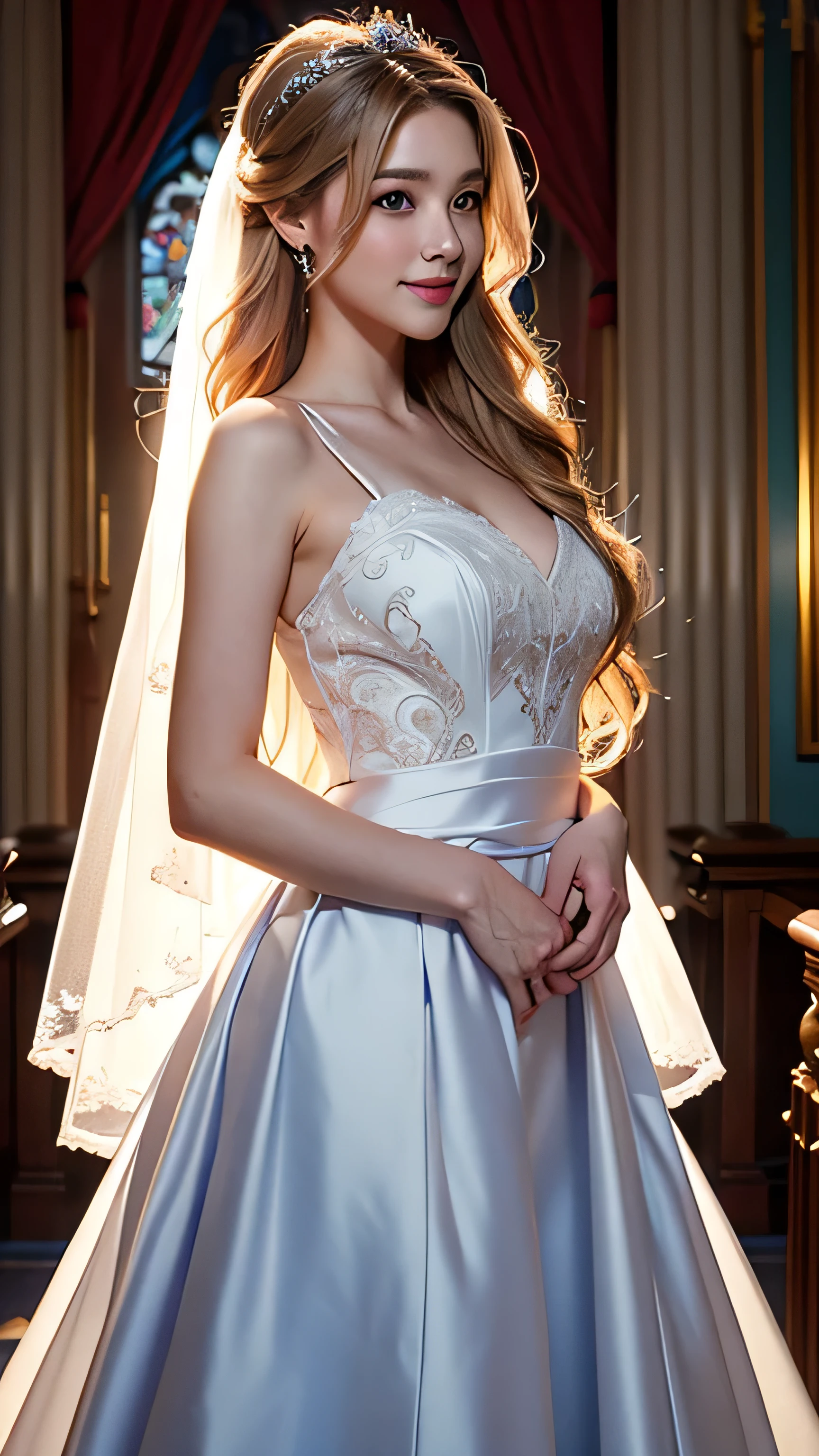 bride、Wedding Style、wedding style photos、Luxury dresses、church、Light clothing、Formal Wear、night scene、illumination、blue eyes、bionde、Full body photo、Sexy Face、Long straight hair_Hair reaching down to the waist、 Complete look、(((masterpiece)))、((Highest quality))、((超Realistic))、Mature woman、Mature woman、perspective、Very detailed、The perfect temptation、Best image quality、Fine-grained image quality、beautiful、Europe, woman, French, woman Italian, Italian, smile、blue eyes、jewelry, blue eyes, Realistic, High resolution, Glowing Skin, (Detailed face),jewelry, , night, bionde, Wavy Hair,Attractive appearance, smile,