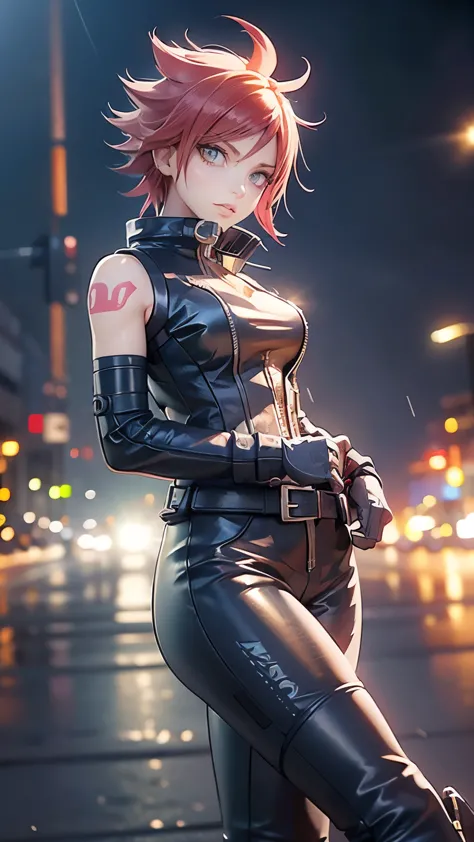 biker Rocker girl, motorcycle, Leather garment, Short hair, yellow glowing eyes, Dark colors, leather waist, ultra detailed face...