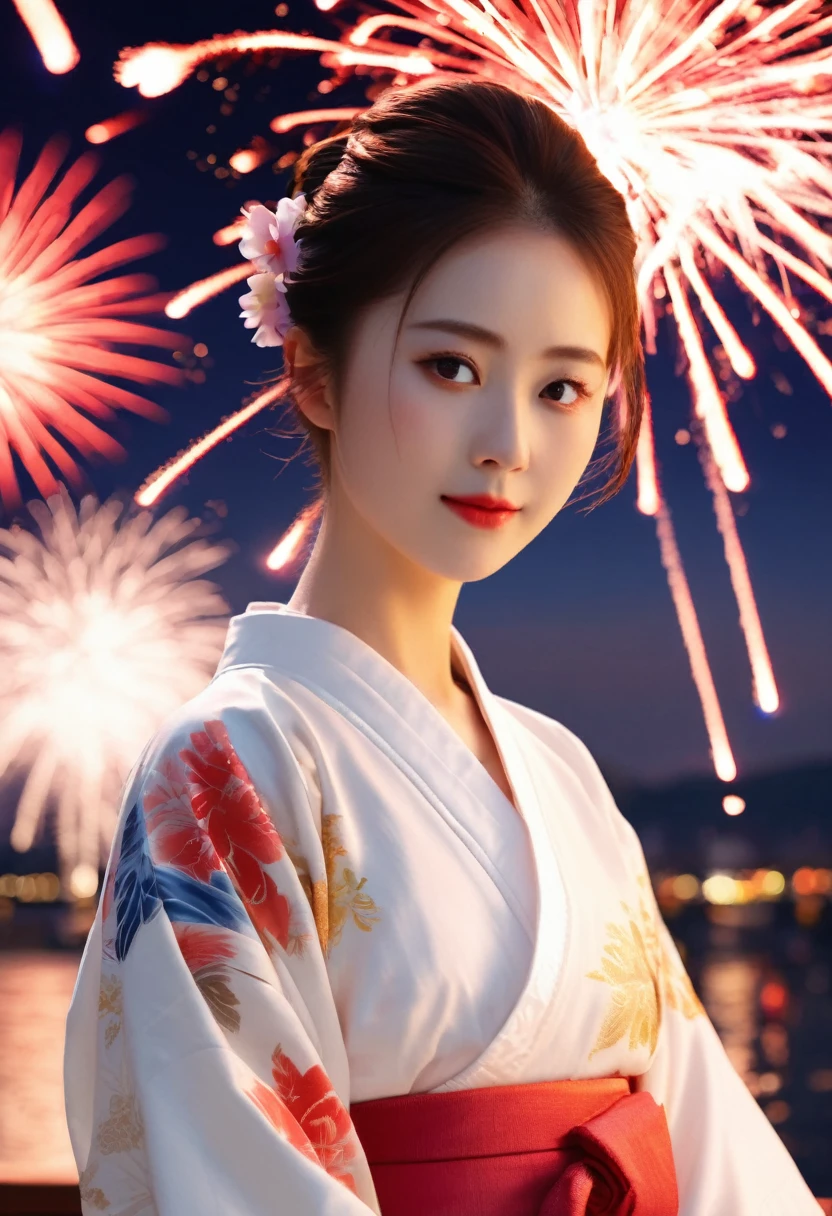 ((Highest quality, 8K, masterpiece: 1.3)),RAW Photos,Realistic atmosphere,Lens flare, Ray Tracing,(Detailed beautiful white skin:1.3),Beautiful Japanese, High-resolution face,shiny light brown hair,Bun Hair,Red and gold hair ornament,(Watching the fireworks wearing a floral yukata:1.2),Huge fireworks,(White yukata with sleeves:1.2),((Wrinkled Heko Obi:1.3)),((Looking back with an innocent smile:1.3)),Blurred grand fireworks,(Many colorful fireworks:1.2)Star Mine,Fireworks across the sky,Large fireworks