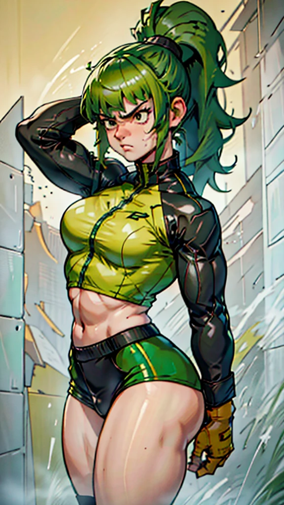 High detailed, 1 girl, kulams, side ponytail hairstyle, parted bangs, leaf-green colored hair, muscular, bodybuilder, yellow kula's clothes, kula's gloves, medium bust, strong body, angry face, violent atmosphere