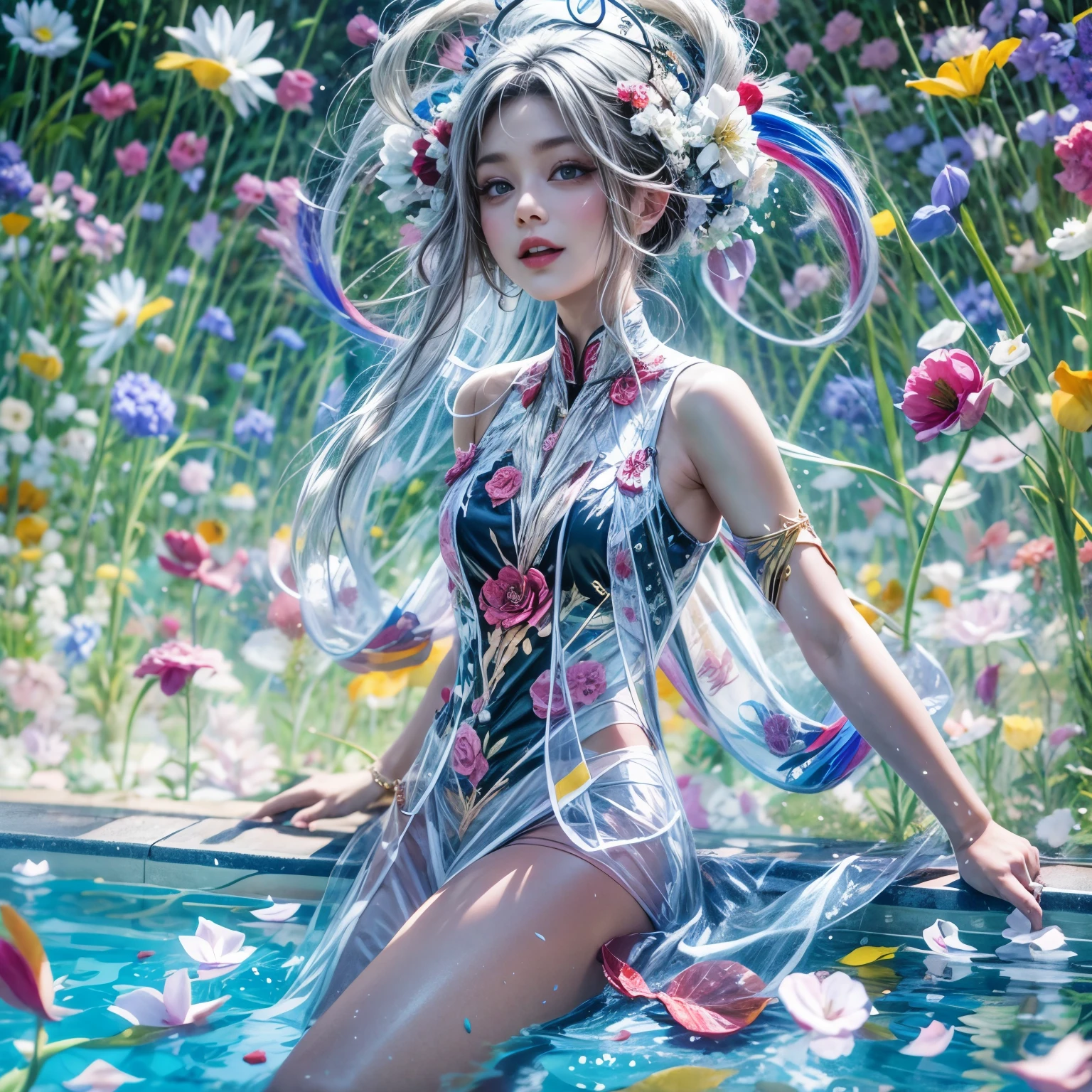 BloodRed, White in Pearly RainbowColors,ExtremelyDetailed(ProfessionalPhoto of Girl Floating in the Sky:1.37)ZoomLayer{Stunning|Mystic|GodRays|Haze}, 57th floor infinity pool in the urban forest. (Masterpiece 8K TopQuality:1.2)(ExtremelyDetailed NOGIZAKA face:1.37) ElaboratePupil with (SparklingHighlights:1.28) DoubleEyelids with Voluminous LongEyelashes PUNIPUNI RosyCheeks (Joyful Expressions LifeLike Rendering) MotionBlur  BREAK  (Acutance:0.77) PUNIPUNI Radiant Impeccable PearlSkin with Transparency White(Skinny SchoolSwimwear) {(HiddenHand)|((Corrected BabyLike Hand))} Whole Body Proportions and all limbs are Anatomically Accurate, {Carnation|Tulips|(Rose)} [FlowerWreath WrappedBody Full of Flowers Covering girl's body] {((Dazzling RainbowColorHorizon))|ColorfulSky|ColoredClouds|(Starly Particles)}(extra limbs:-1.4)(Not Detailed Face:-1.37)(Not Detailed Hand:-1.28), Drawing infinity pool reference to the rooftop of Marina Bay Sands