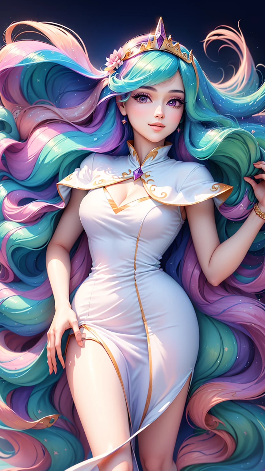 Princess Celestia 常設 alone, 全身可見, 常設, 穿高跟鞋, 一隻手放在她的臀部, 白色短裙, 腿完全可見