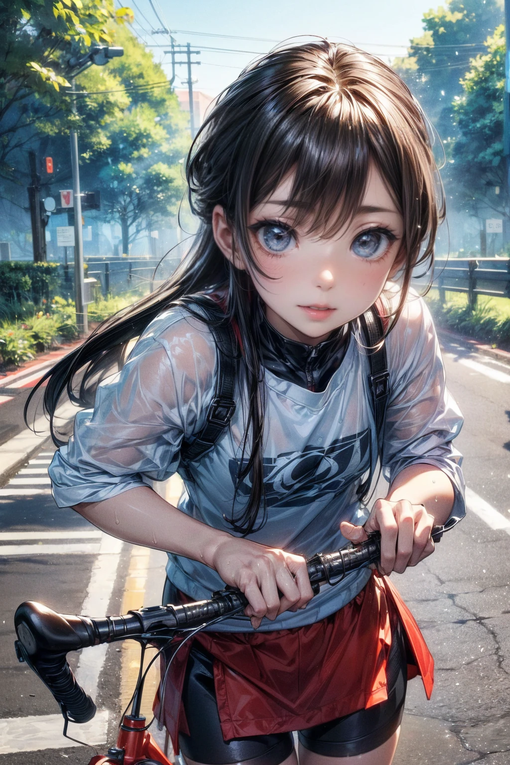 NSFW、de la máxima calidad、(Bicicleta de carretera)、((montar en bicicleta))、sonriendo al espectador、Ojos bonitos、Hermoso rostro、ojos delicados、((sudorで透けたスポーツウェア))、sudor、meseta refrescante、、