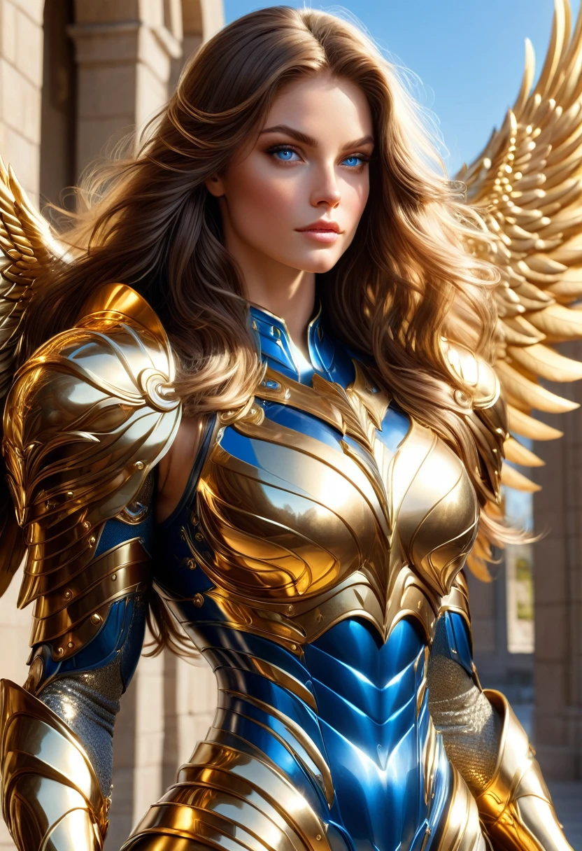 LOVELY WINGGED WOMAN, GOLD HUGE WINGS, HUGE LONG BROWN HAIR, TANNING SKIN BLUE EYES, HIGH CHEEKBONES, ROSY CHEEKS, MENTAL FORAMEN, HUGE LONG HAIR, VOLUMOUS HAIR,  ARMOUR, ALL GOLD ARMOUR, GOLD GAUNTLETS, ATHLETIC BODY, MUSCLES, GORGEOUS THICK THIGHS EXPOSED, DETAILED QUADRICEPS, MUSCLES, SIDE BODY VIEW, EAVEN, SUNLIGHT, BACKLIGHTS, , BLUE SKY, DAYLIGHT, ACCURATE IMAGE, MASTERPIECE.