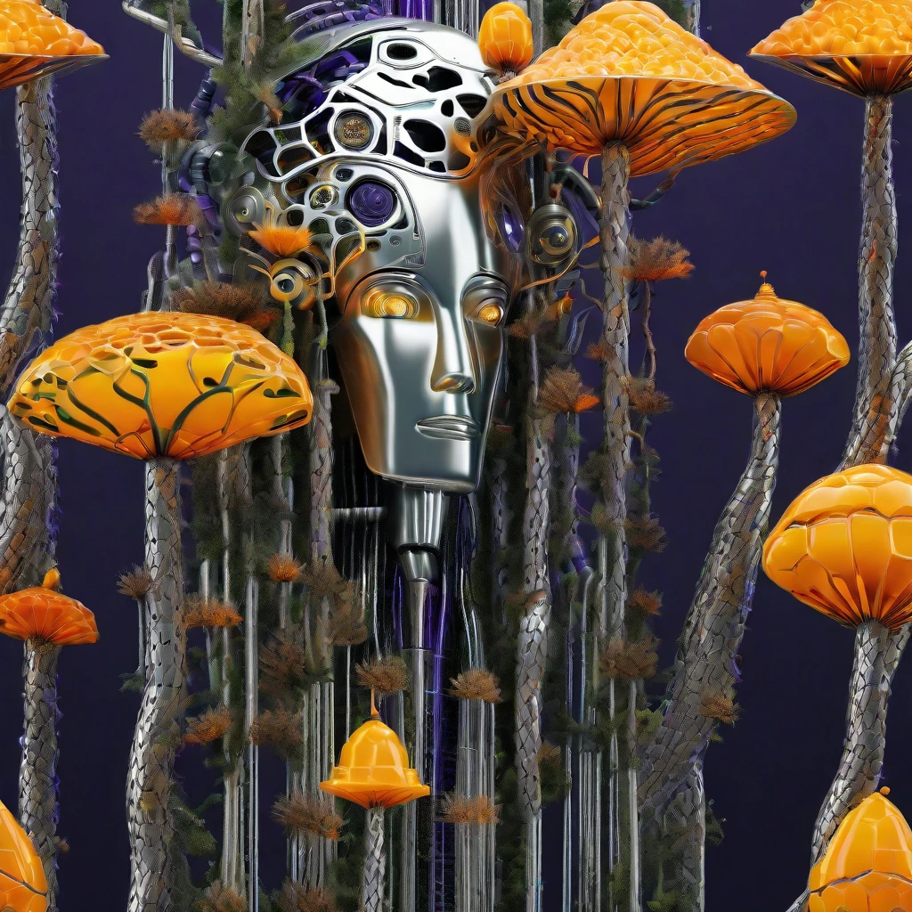 A tumbling tilt-shifting triple exposure of a cybernetic polypore eccentric jellyfish prototype enhancement featuring a female Native American robot with a traditional indigenous headdress made of metallic feathers. She is hacking the mycelium network in a warped perspective with a forest exposure. The robot has a sleek, metallic body adorned with intricate chipset connection lines, with colors of orange, dark purple, blacklight, and silver metallic with chromed parts. The forest has natural textures and aspects but with chromed colors and chipsets embedded in the tree trunks, giving the appearance of human-made creations. The scene is ethereal and futuristic, highlighting the robot's graceful interaction with the technologically enhanced nature. --ar 16:9 --v 5