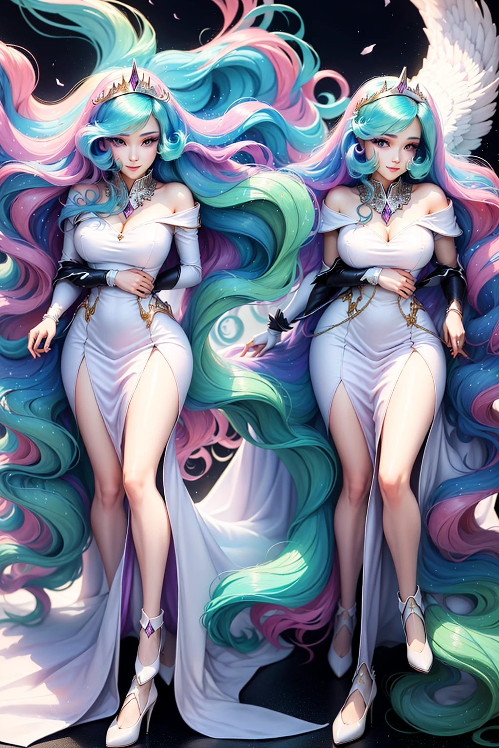 Princess Celestia standing alone, full body visible, standing, wearing high heels, one hand on her hip, wearing a short white dress