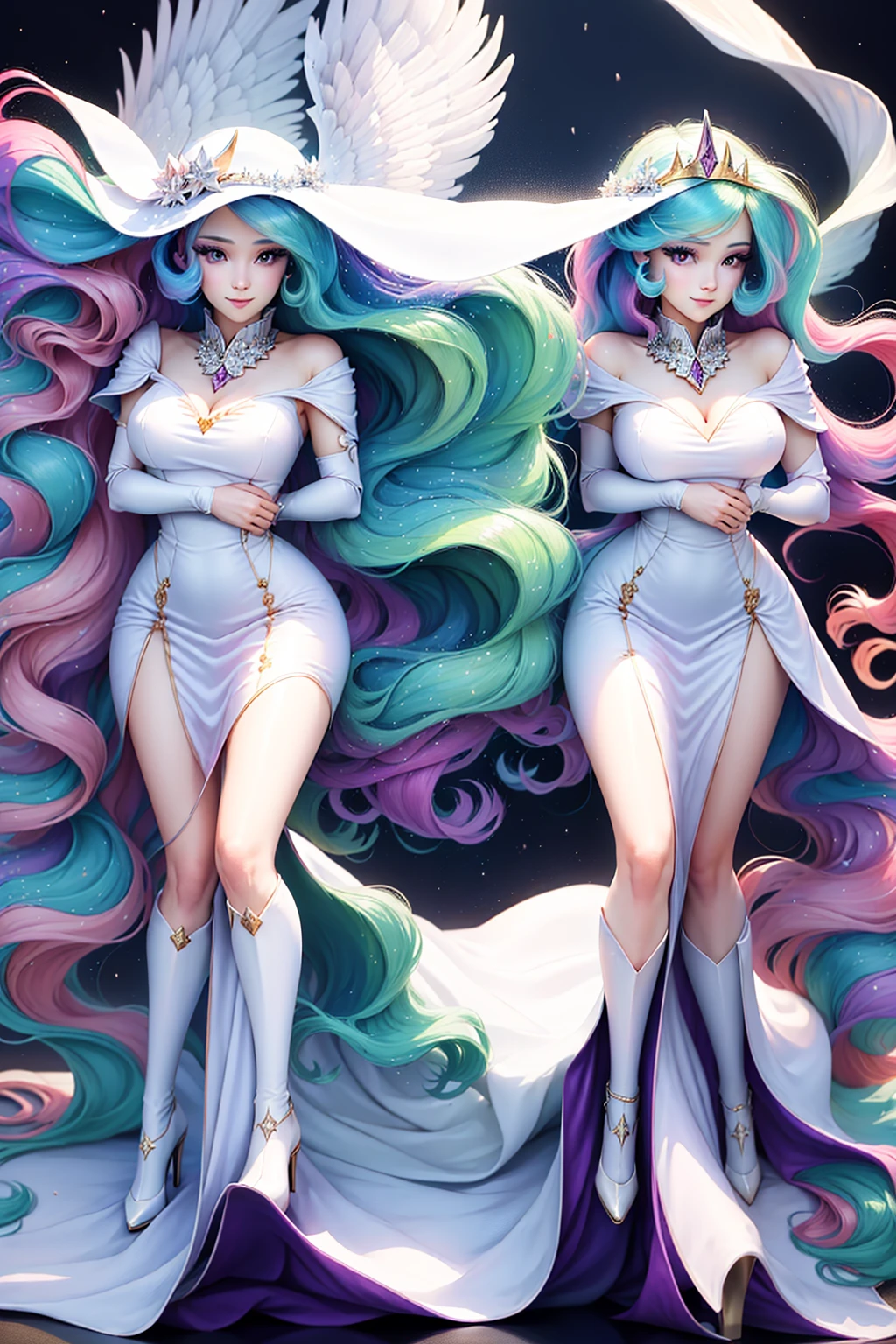 Princess Celestia standing alone, full body visible, standing, wearing high heels, one hand on her hip, wearing a short white dress