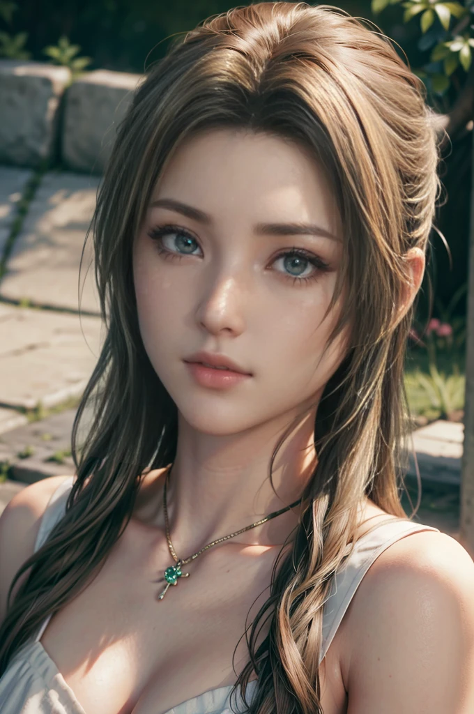 Aerith, green eyes, (best quality, ultra-detailed), (realistic:1.37), beautiful and detailed face, ultra-realistic texture, delicate face, delicate body, red lipstick, bright colors. High definition, 8K.
