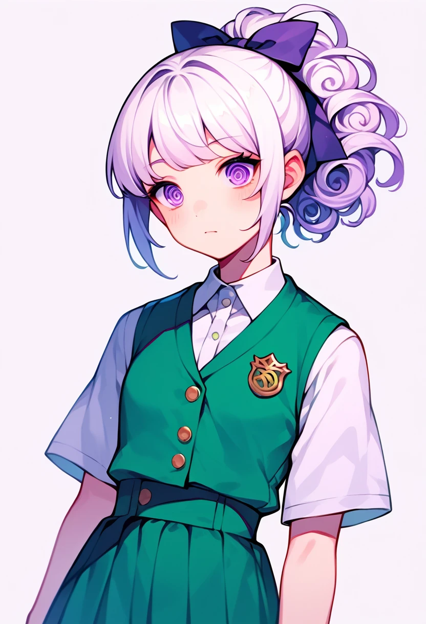 work of art, best qualityer, (lucky winner:1), 1 girl, White hair,shorth hair,hair ribbon,hair elastic, spiral purple eyes,弓,white  shirt,green vest,green skirt,cowboy shot, ssmile,konpaku youmu (phantom),