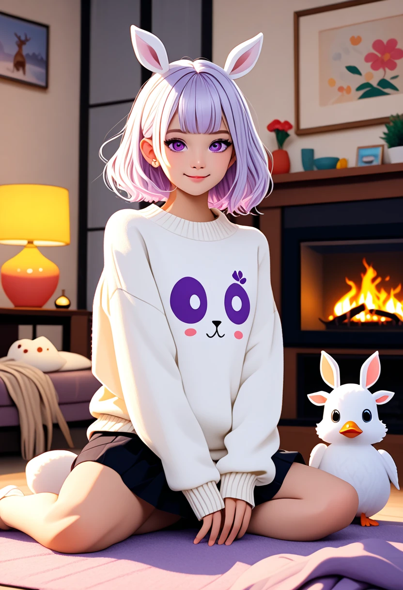 :: hikari comix style ::1 girl, White hair, deer ca.adorable,    Japanese girl , ab_Shoulder sweater,     White hair curto cacheado,spiral purple eyes,  hair elastic, twin-tail,  pose kawaii、he used to smile、Simple and modern living room background with fireplace、taken from the side、bokeh fast. With a duck mascot