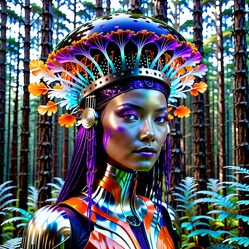 A tumbling tilt-shifting triple exposure of a cybernetic polypore eccentric jellyfish prototype enhancement featuring a female Native American robot with a traditional indigenous headdress made of metallic feathers. She is hacking the mycelium network in a warped perspective with a forest exposure. The robot has a sleek, metallic body adorned with intricate chipset connection lines, with colors of orange, dark purple, blacklight, and silver metallic with chromed parts. The forest has natural textures and aspects but with chromed colors and chipsets embedded in the tree trunks, giving the appearance of human-made creations. The scene is ethereal and futuristic, highlighting the robot's graceful interaction with the technologically enhanced nature. --ar 16:9 --v 5