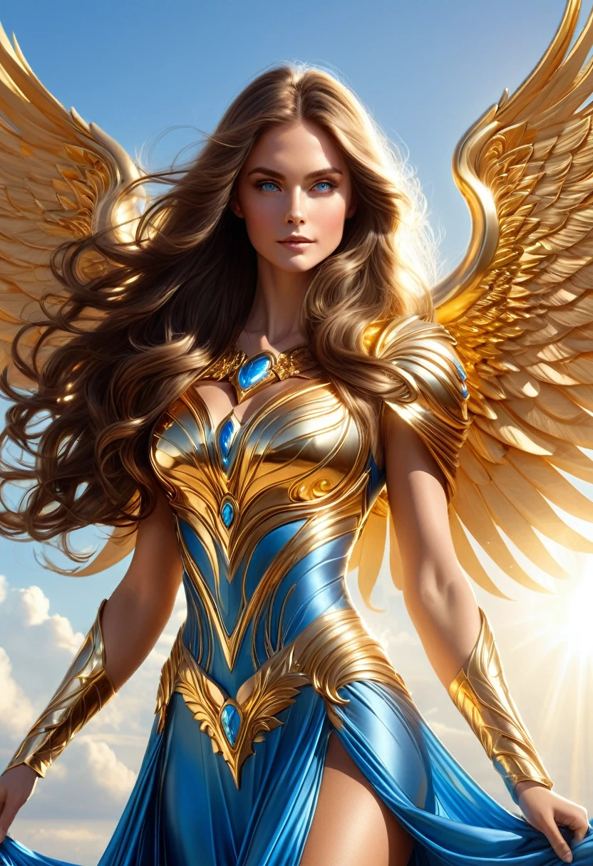 LOVELY WINGGED WOMAN, GOLD HUGE WINGS, HUGE LONG BROWN HAIR, TANNING SKIN BLUE EYES, HIGH CHEEKBONES, ROSY CHEEKS, MENTAL FORAMEN, HUGE LONG HAIR, VOLUMOUS HAIR,  GOLD LONG DRESS, BROWN DETAILS, GOLD GAUNTLETS, ATHLETIC BODY, SIDE BODY VIEW, HEAVEN, SUNLIGHT, BACKLIGHTS, , BLUE SKY, DAYLIGHT, ACCURATE IMAGE, MASTERPIECE.