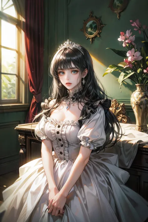 woman with long black hair, alone, looking at the viewer, green eyes, white dress with ruffles, princess