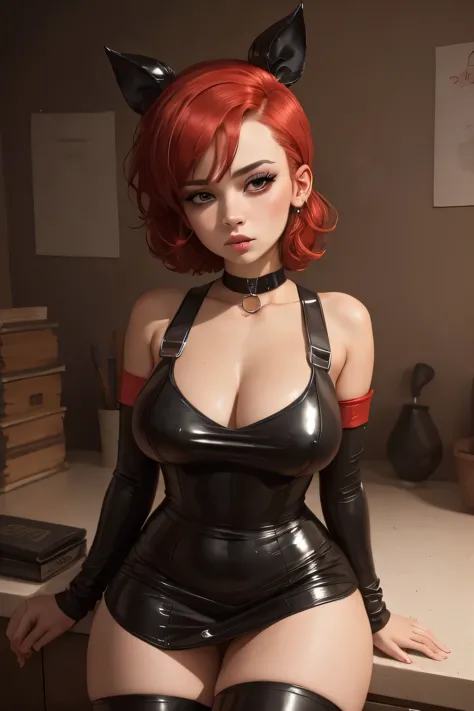 Frankie Foster. red hair, black eyes, red eye make up, cleavage. choker. latex dress. bow. a photo of a face in the vicinity.