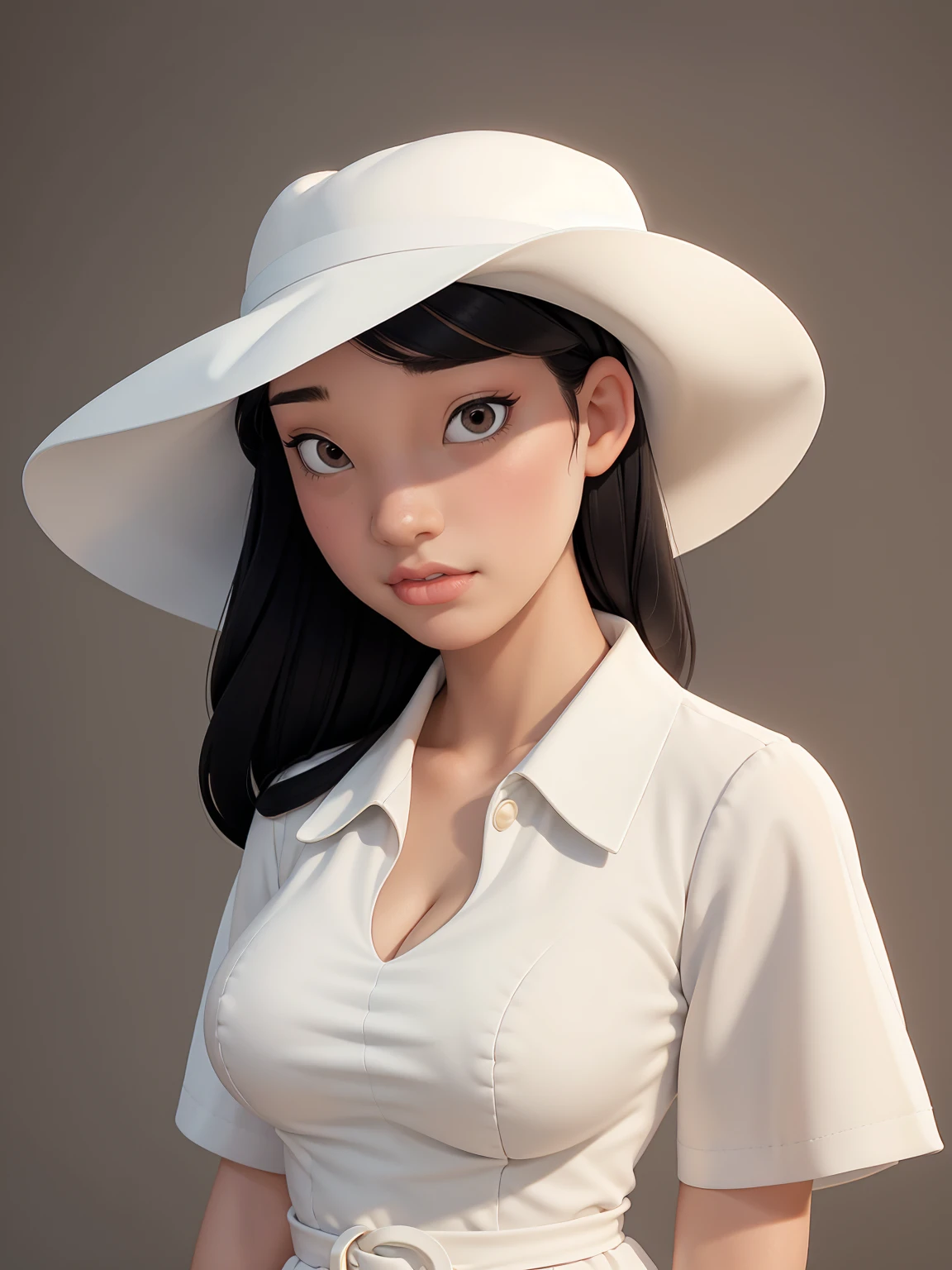 (mejor calidad, Obra maestra, cara perfecta) pelo negro, 18 años chica pálida, busto grande, vestido blanco, gran sombrero blanco
