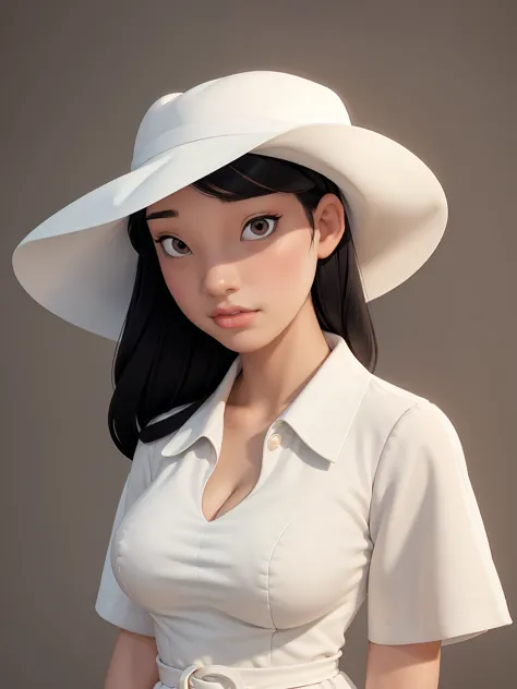 (best quality, masterpiece, perfect face) black hair, 18 years old pale girl, big bust, white sundress, big white hat